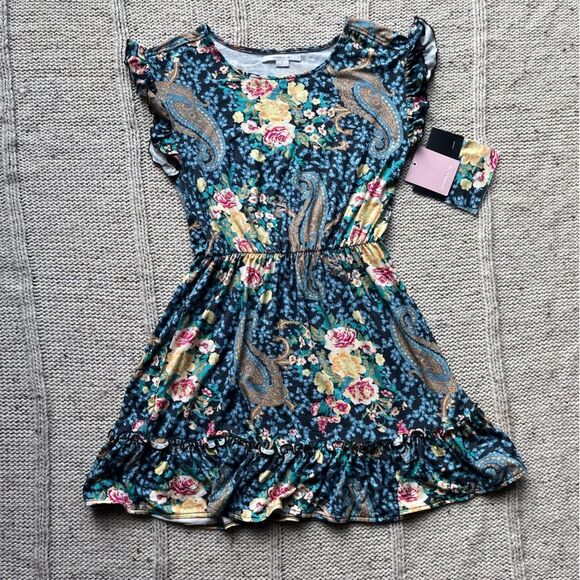O’Neill girls amara knit floral and paisley, ruffle hem and sleeve dress. - Picture 1 of 9